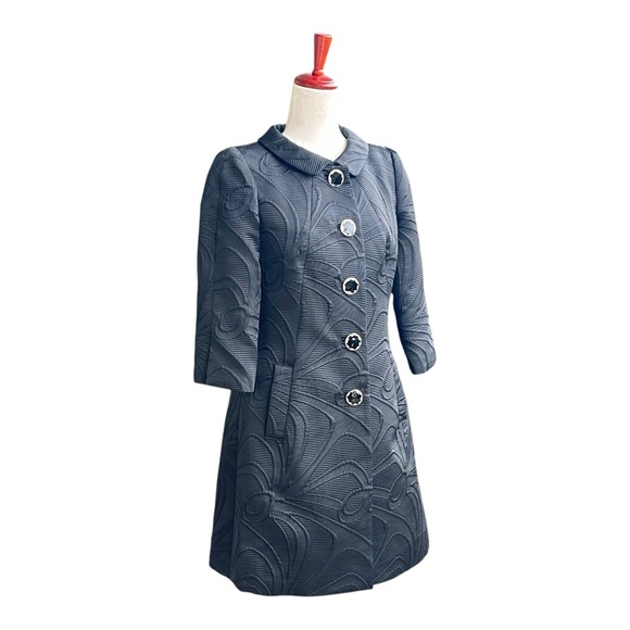 Milly Vintage Textured Black Jacquard Coat Green Lining 3/4 Sleeve Luxury Size 4 - Picture 3 of 15